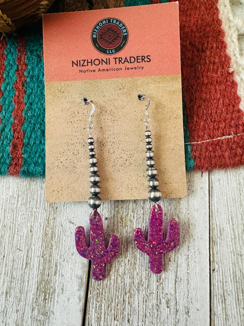 Summer Lovin’ Navajo Sterling Silver Pearl Beaded Opal Cactus Dangle Earrings