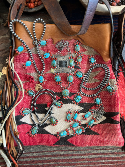 Taos Collection: Handcrafted Sterling Silver, Kingman Turquoise and Mediterranean Coral Necklace & Earrings Set by Kathleen Chavez
