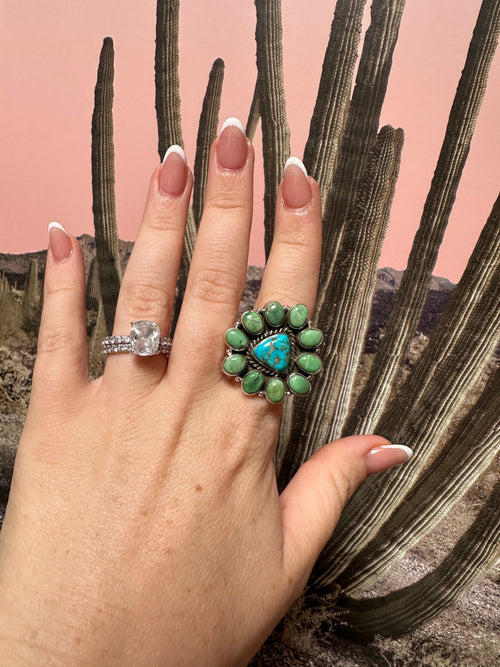 Beautiful Handmade Sonoran Turquoise, Turquoise And Sterling Silver Adjustable Triangle Ring