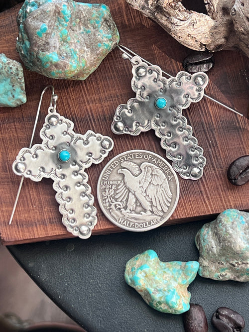 Hand Stamped Scalloped Sterling Silver Cross Dangle Earrings with Kingman Turquoise by Kimari Somers
