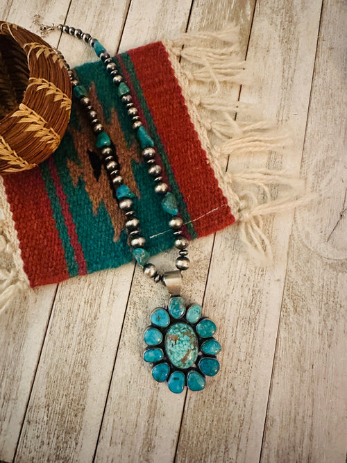 Navajo Sterling Silver & Turquoise Cluster Beaded Necklace