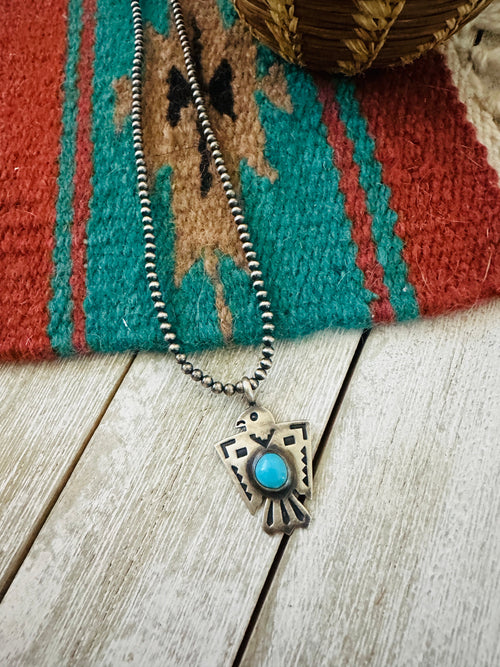 Navajo Turquoise & Sterling Silver Pearl Beaded Thunderbird Necklace