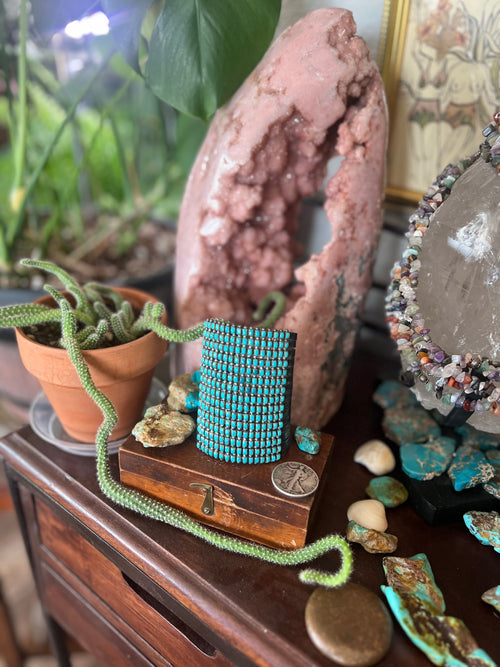 Stunning Old Pawn 15 Row Zuni Sterling Silver & Turquoise Gauntlet Style Cuff Bracelet by Clark Couyancy