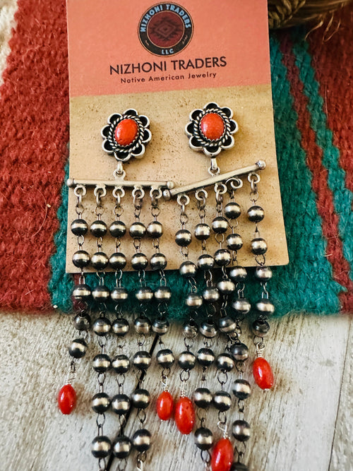 Navajo Coral  & Sterling Silver Pearl Beaded Tassel Dangle Earrings