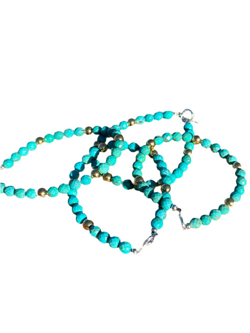 Navajo Sterling Silver with 14kt Gold Overlay Kingman Turquoise Beaded Bracelet