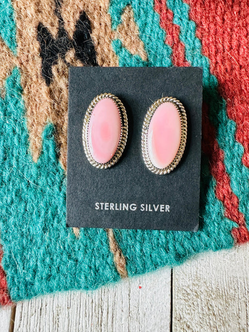 Navajo Sterling Silver & Queen Pink Conch Oval Post Earrings