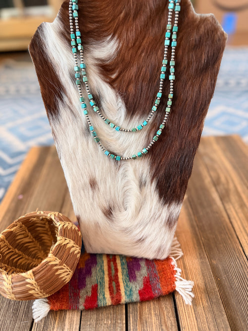 Handcrafted Turquoise & 3mm Sterling Silver Pearl Beaded Necklace