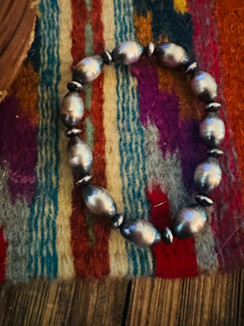 Handcrafed Sterling Silver Pearl Beaded Stretch Bracelet