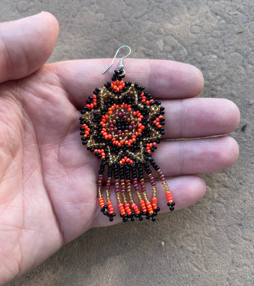 Handmade MultiColor Beaded Dangle Earrings (Black, Orange, & Gold)