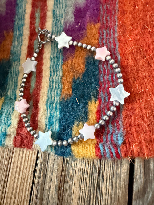 Handcrafted Pink Conch, Mother of Pearl & Sterling Silver Pearl Star Beaded Bracelet