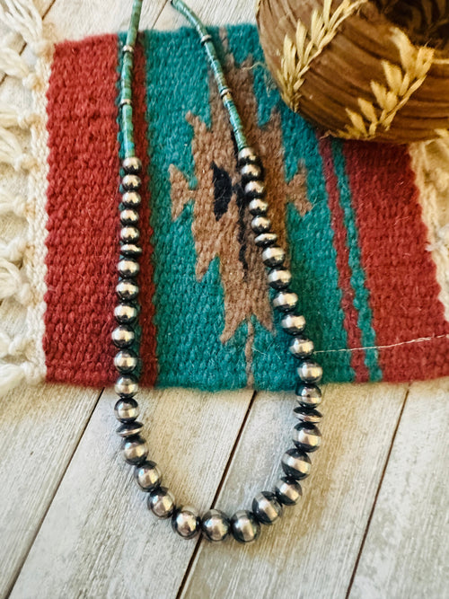 Navajo Turquoise & Sterling Silver Pearl 20” Beaded Necklace
