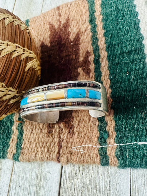 Old Pawn Navajo Multi Stone & Sterling Silver Inlay Cuff Bracelet