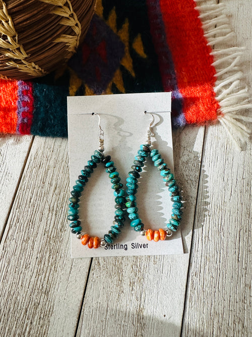 Navajo Turquoise, Spiny & Sterling Silver Beaded Hoop Earrings