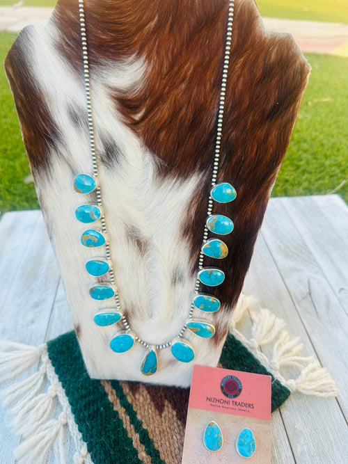 Handcrafted Turquoise & Sterling Silver Beaded Necklace and Earring Set