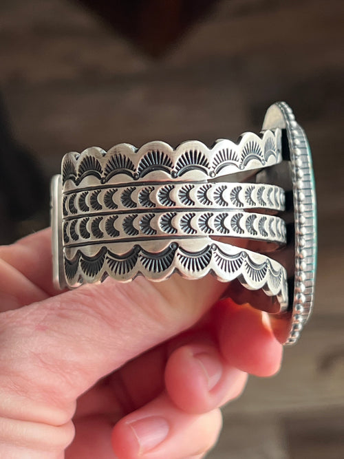 Navajo Hand Stamped Sterling Silver and Royston Turquoise Cuff Bracelet by Diane Wylie