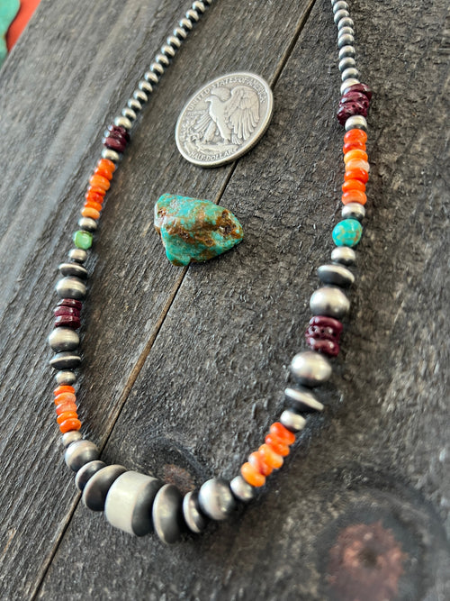 Navajo Electric Rainbow Sterling Silver, Turquoise and Spiny Oyster Single Strand Beaded Necklace by Rose Martin, 16 + 2 Inches