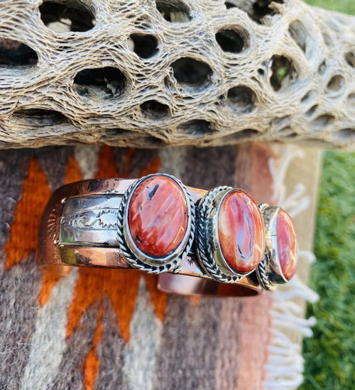 Navajo Orange Spiny, Copper and Sterling Silver Cuff Bracelet