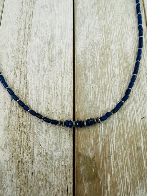 Navajo Lapis & Sterling Silver 16” Beaded Necklace