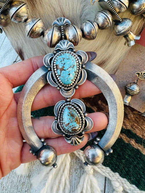 Handcrafted Turquoise & Sterling Silver Mercury Dime Beaded Squash Blossom Necklace and Earring Set by James McCabe