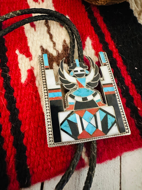 Vintage Old Pawn Zuni Multi Stone & Sterling Silver Inlay Knifewing Bolo Tie