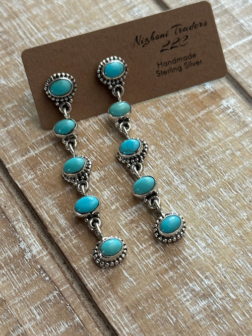 Handmade Kingman Turquoise And Sterling Silver  5 Stone Dangle Earrings