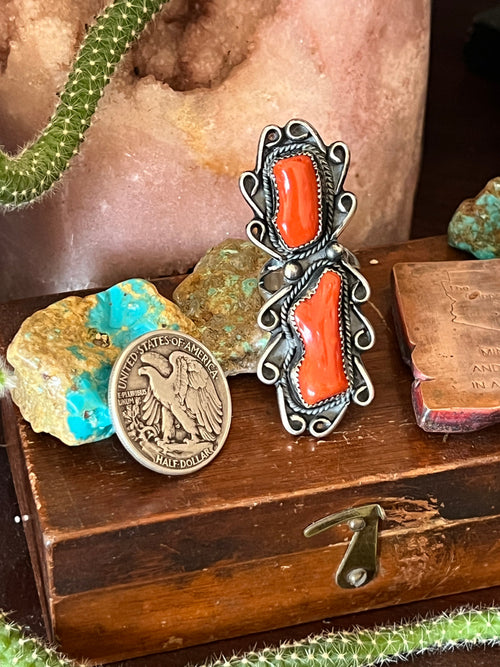 Navajo Stunning Vintage Sterling Silver and Mediterranean Coral Ring, Size 9.5