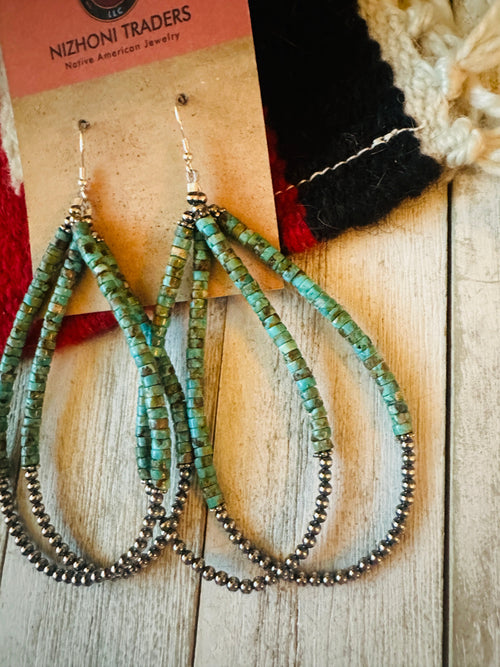 Navajo Turquoise & Sterling Silver Beaded Hoop Earrings