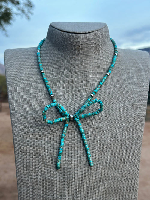 Navajo Made Sterling Silver & Turquoise  Pearl Beaded Bow Tie  Necklace 18 inches