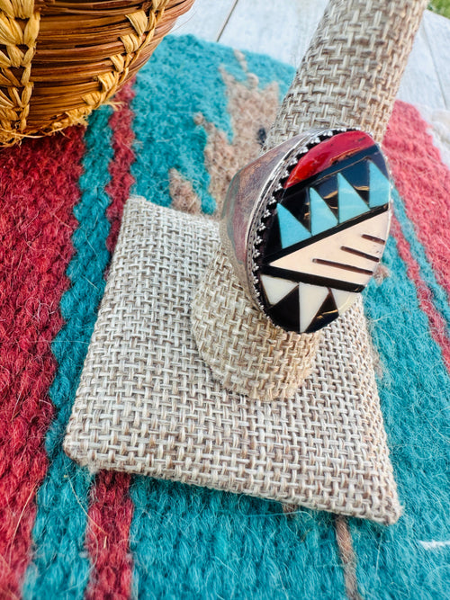 Old Pawn Handcrafted Multi Stone & Sterling Silver Inlay Ring Size 9.5