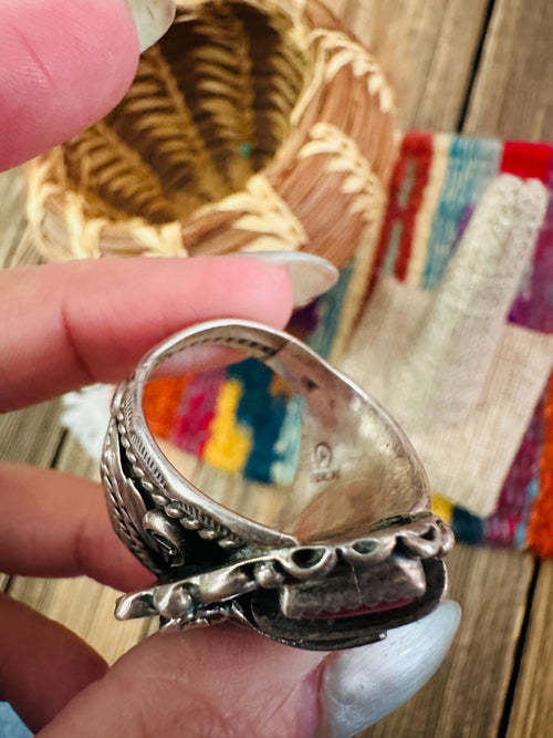 Old Pawn Handcrafted Turquoise, Coral & Sterling Silver Ring Size 11.5