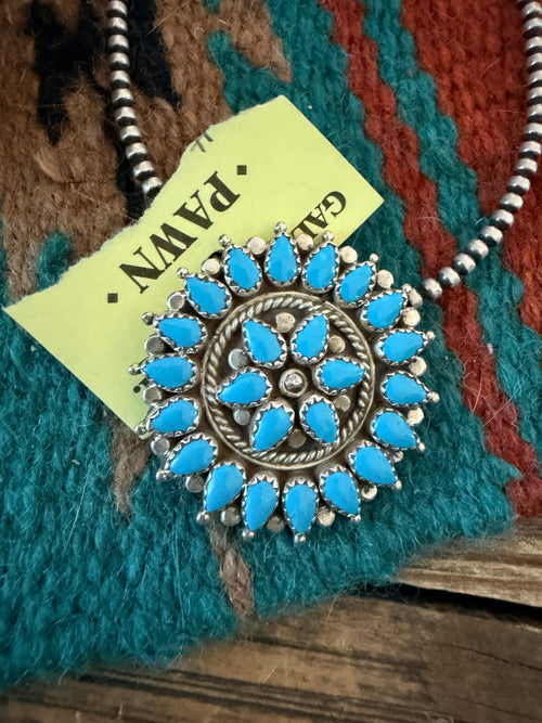 Old Pawn Handcrafted Turquoise and Sterling Silver Cluster Pendant