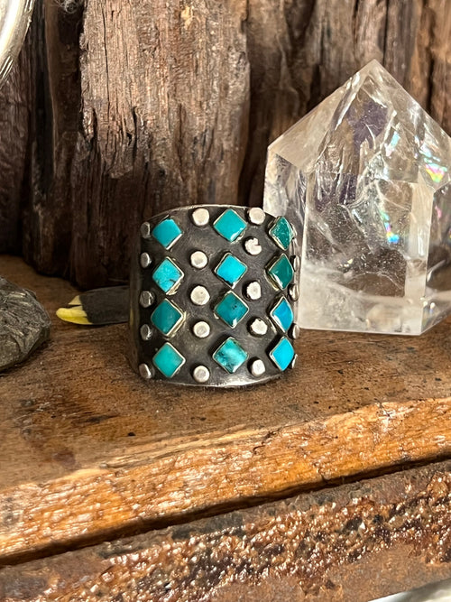 Old Pawn Sterling Silver and Diamond Turquoise Snake Eye Cigar Band Style Ring, Size 10.5