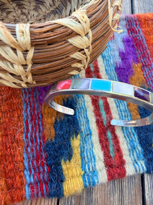 Handcrafted Old Pawn Sterling Silver & Multi Stone Inlay Cuff Bracelet