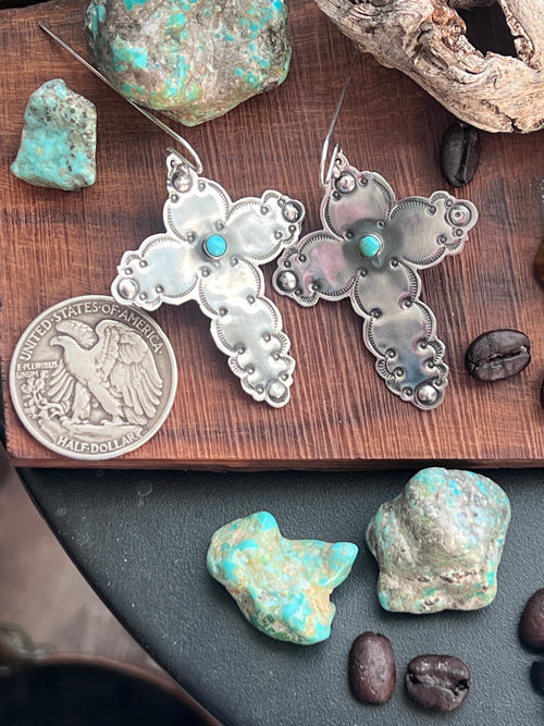 Hand Stamped Cloud Design Sterling Silver Cross Dangle Earrings with Kingman Turquoise by Kimari Somers