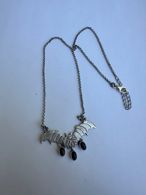 Beautiful Handmade Sterling Silver & Onyx Bat 3 Stone Necklace