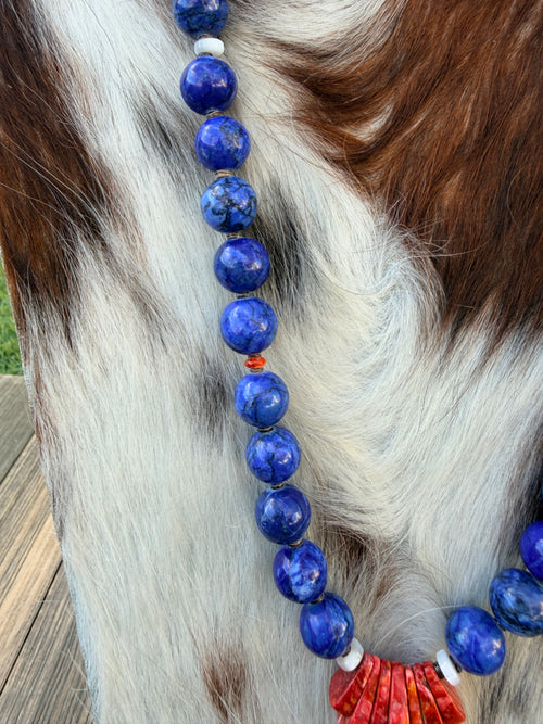 Handcrafted Lapis, Spiny Oyster Shell & Sterling Silver 18” Beaded Necklace