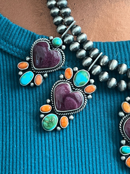 Navajo Made Sterling Silver Electric Rainbow Beaded Heart Cluster Necklace & Earrings Set by Angela Martin