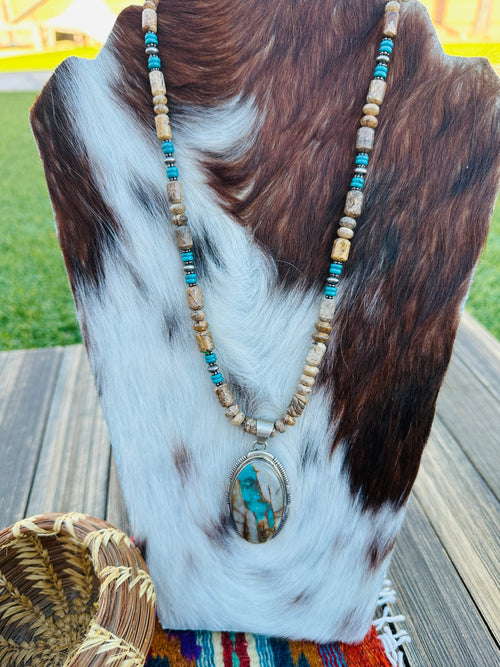 Old Pawn Handcrafted Turquoise, Jasper & Sterling Silver Beaded 16” Necklace