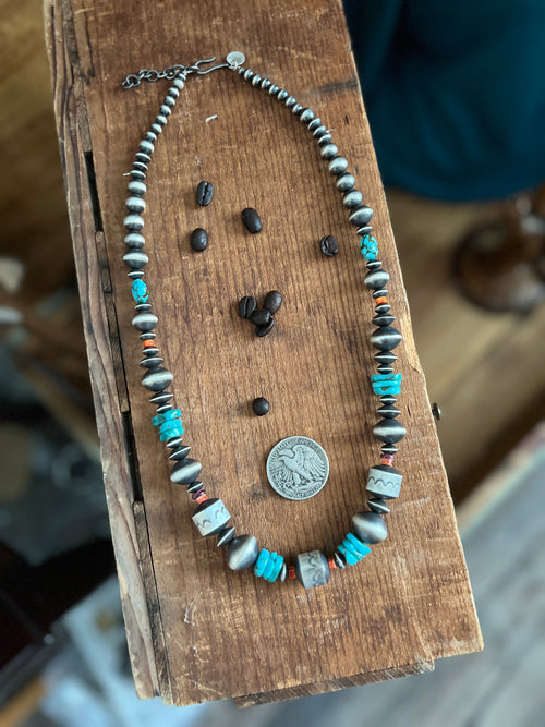 Navajo Sterling Silver, Kingman Turquoise and Spiny Oyster Shell Handcrafted Beaded Necklace by Rose Martin, 24 + 1-1/2 inches