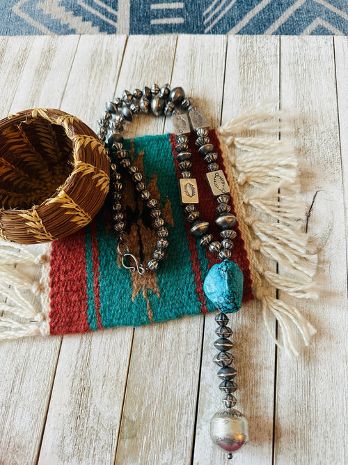 Navajo Turquoise & Sterling Silver Pearl Beaded Lariat Necklace