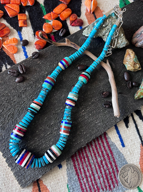 Ronald Chavez Handcrafted Turquoise Heishi Beaded Santo Domingo Necklace with Layered Barrel Bead Accents