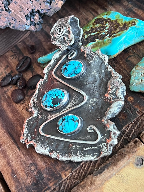 Vintage Artisan Sterling Silver and Turquoise Brutalist Style Pendant Signed Sandee Kelly
