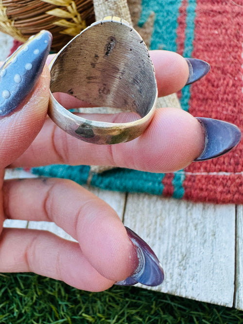 Old Pawn Handcrafted Multi Stone & Sterling Silver Inlay Ring Size 13