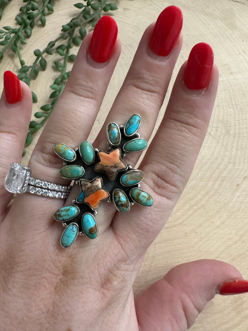 Beautiful Handmade Spice, Turquoise And Sterling Silver Adjustable Cluster Star Ring