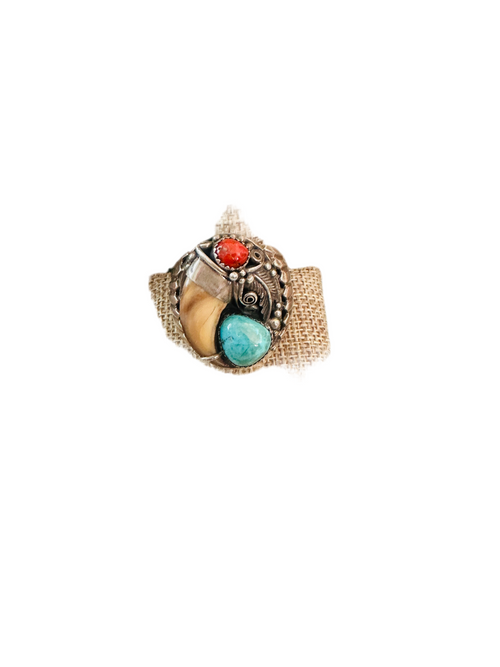 Old Pawn Navajo Sterling Silver, Turquoise & Coral Ring Size 11.5