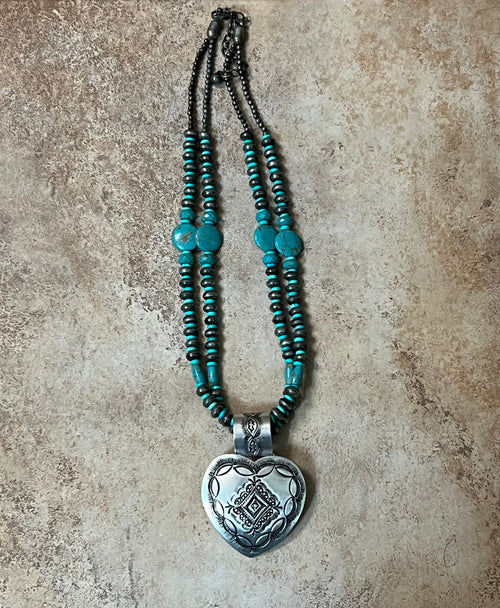 Silver-Plated Brass Heart & Two Strand Blue Accent Beaded Necklace