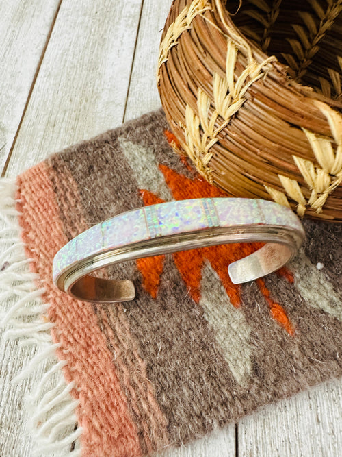 Old Pawn Navajo White Opal & Sterling Silver Inlay Cuff Bracelet