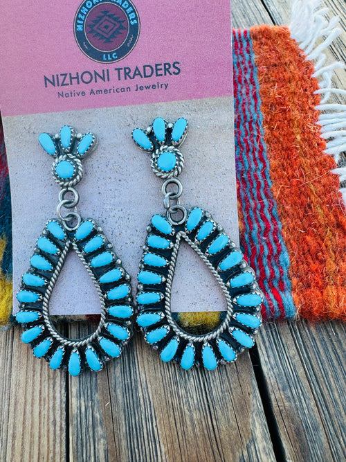 Handcrafted Old Pawn Sterling Silver & Turquoise Cluster Dangle Earrings