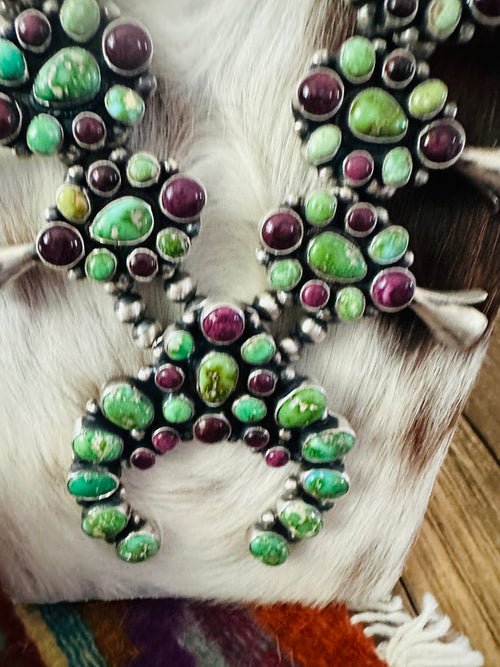 Handcrafted Sterling Silver, Turquoise & Spiny Oyster Squash Blossom Necklace Set by Louise Jim