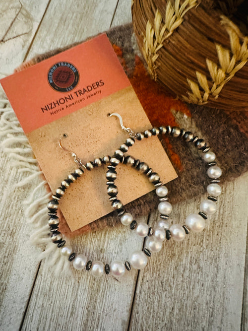 Navajo Pearl & Sterling Silver Pearl Beaded Dangle Hoop Earrings